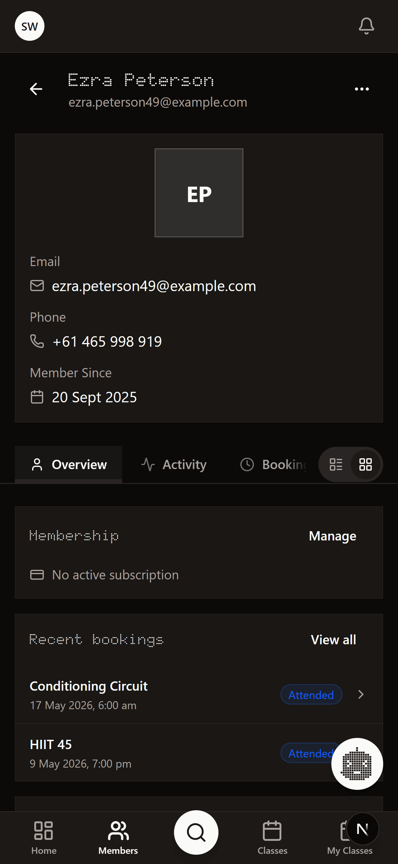 Next Gym member profile mobile view