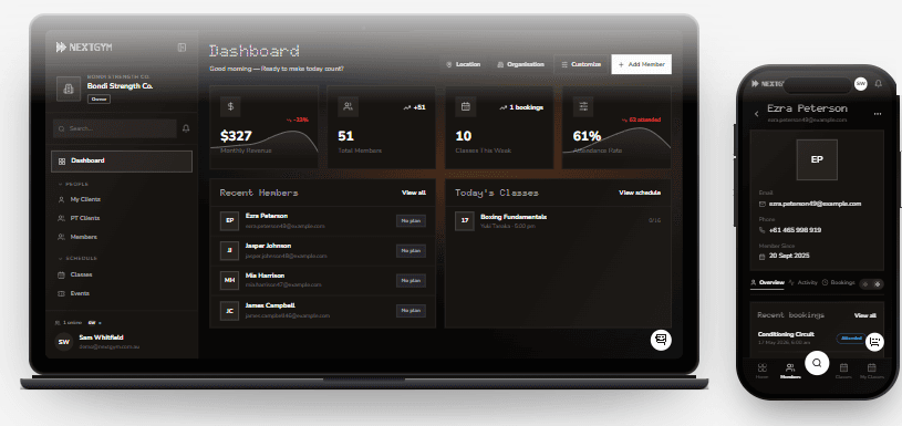 Next Gym admin dashboard displayed on a laptop and member profile displayed on a phone