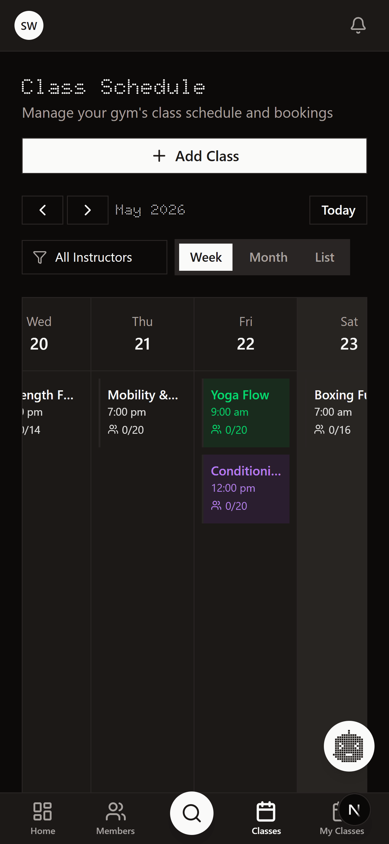 Next Gym classes mobile view